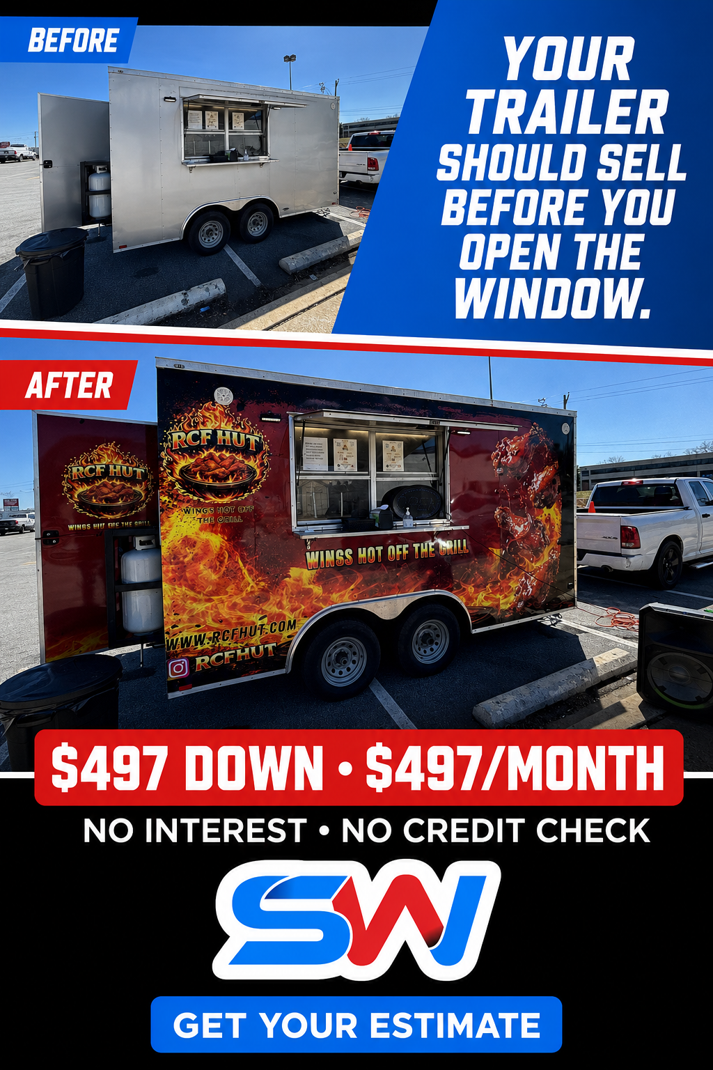 Before and after food trailer wrap