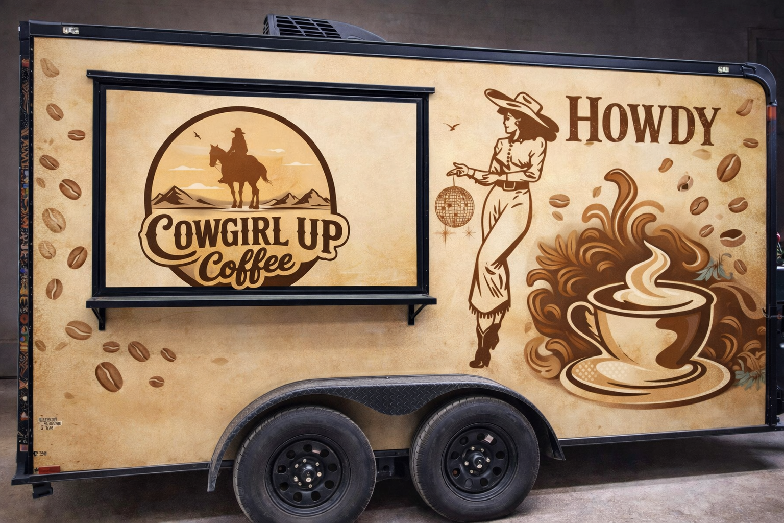 Cowgirl Up Coffee trailer side-panel wrap